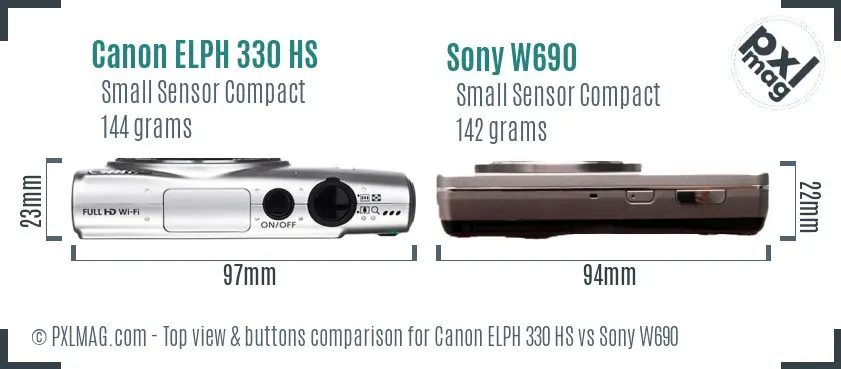 Canon ELPH 330 HS vs Sony W690 top view buttons comparison