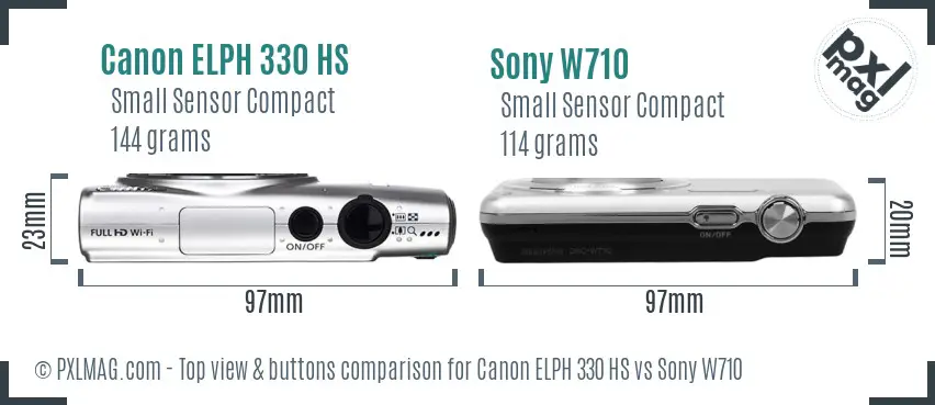 Canon ELPH 330 HS vs Sony W710 top view buttons comparison