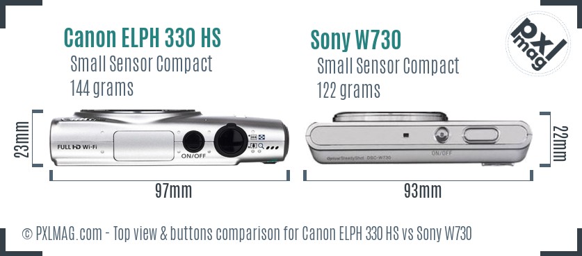Canon ELPH 330 HS vs Sony W730 top view buttons comparison