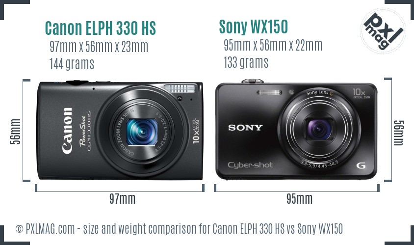 Canon ELPH 330 HS vs Sony WX150 size comparison