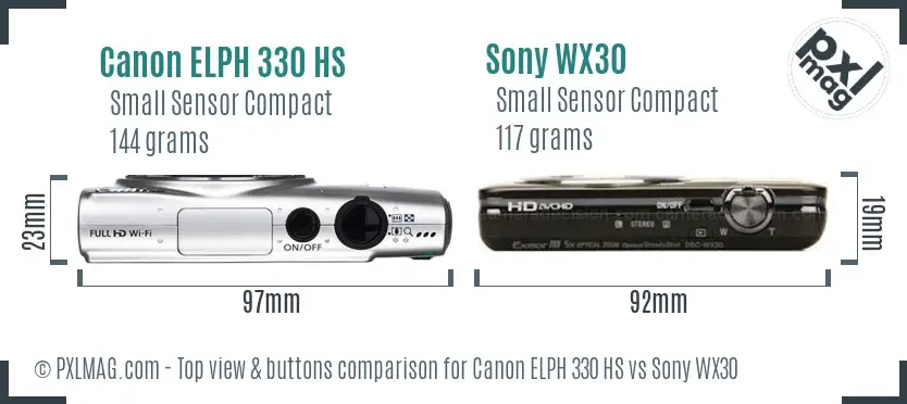 Canon ELPH 330 HS vs Sony WX30 top view buttons comparison