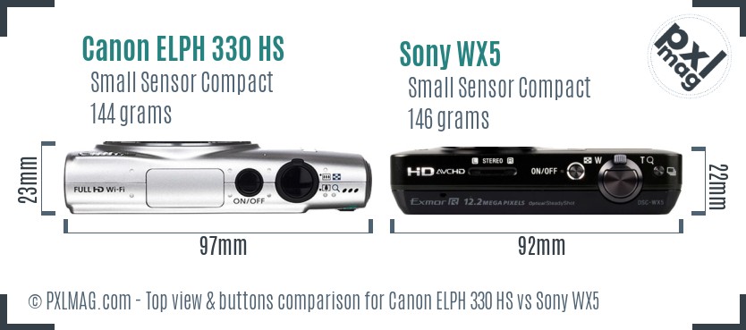 Canon ELPH 330 HS vs Sony WX5 top view buttons comparison