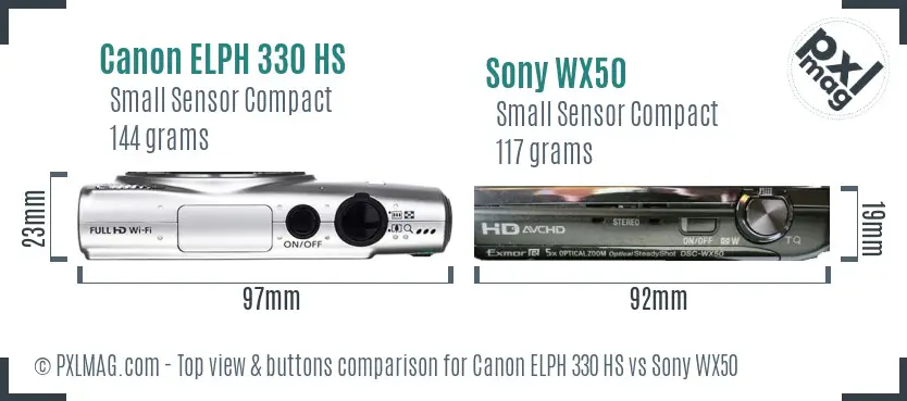 Canon ELPH 330 HS vs Sony WX50 top view buttons comparison