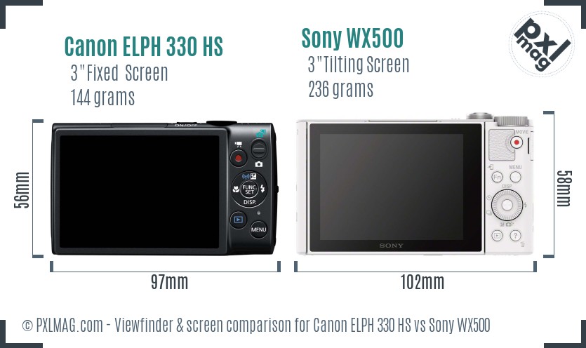 Canon ELPH 330 HS vs Sony WX500 Screen and Viewfinder comparison