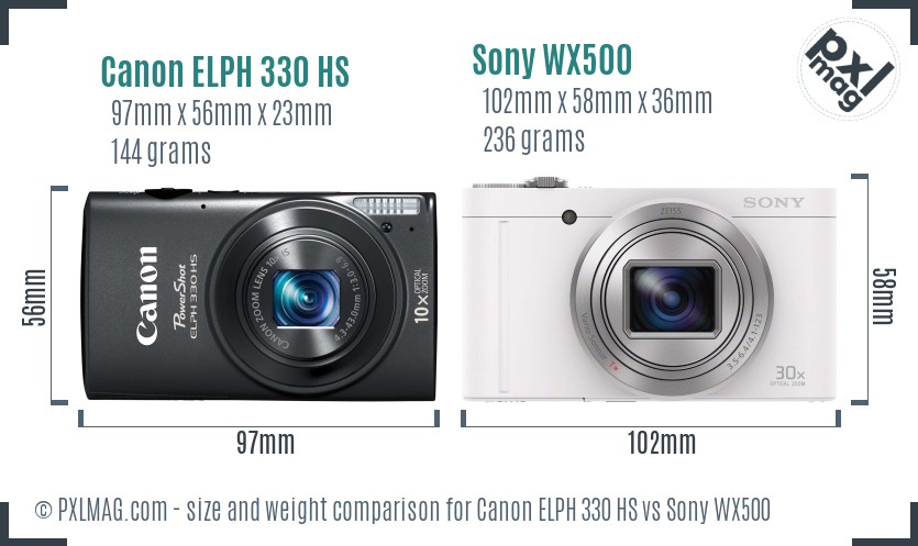 Canon ELPH 330 HS vs Sony WX500 size comparison