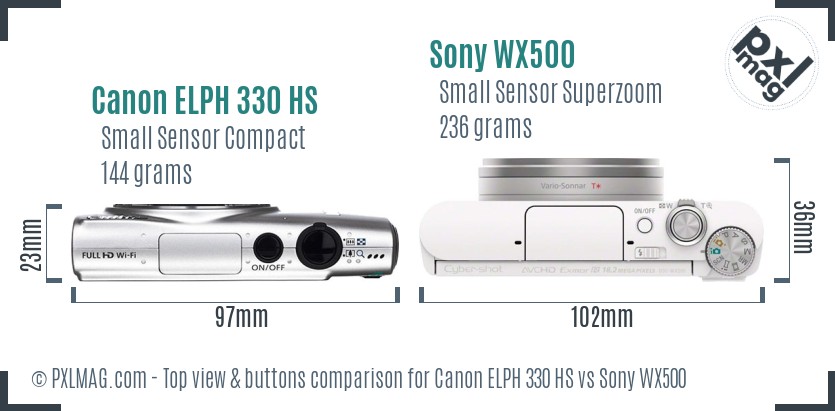 Canon ELPH 330 HS vs Sony WX500 top view buttons comparison