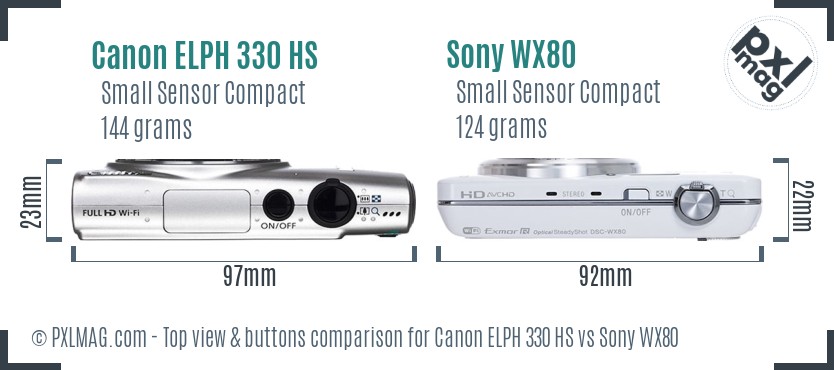 Canon ELPH 330 HS vs Sony WX80 top view buttons comparison