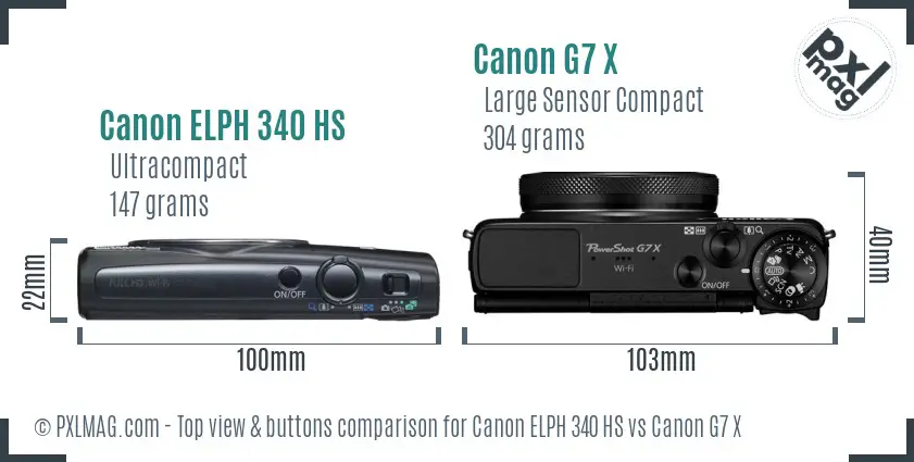 Canon ELPH 340 HS vs Canon G7 X top view buttons comparison Canon ELPH 340 HS vs Canon G7 X top view buttons comparison