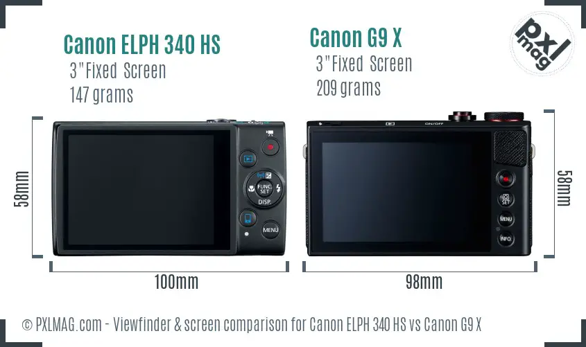 Canon ELPH 340 HS vs Canon G9 X Screen and Viewfinder comparison