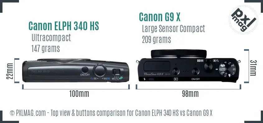 Canon ELPH 340 HS vs Canon G9 X top view buttons comparison