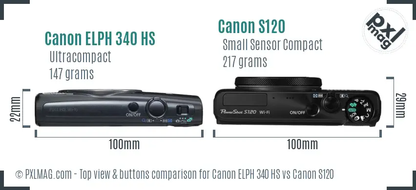 Canon ELPH 340 HS vs Canon S120 top view buttons comparison Canon ELPH 340 HS vs Canon S120 top view buttons comparison