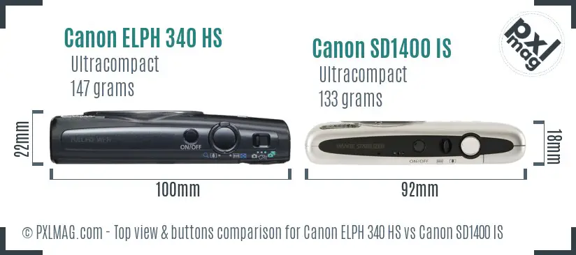 Canon ELPH 340 HS vs Canon SD1400 IS top view buttons comparison Canon ELPH 340 HS vs Canon SD1400 IS top view buttons comparison