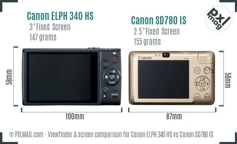 Canon ELPH 340 HS vs Canon SD780 IS Screen and Viewfinder comparison