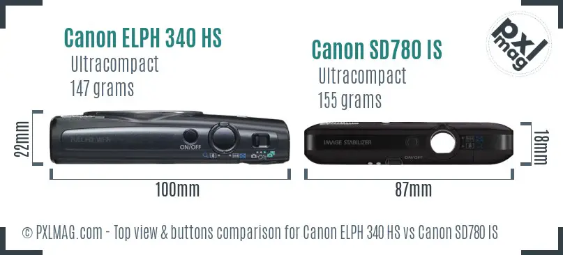Canon ELPH 340 HS vs Canon SD780 IS top view buttons comparison