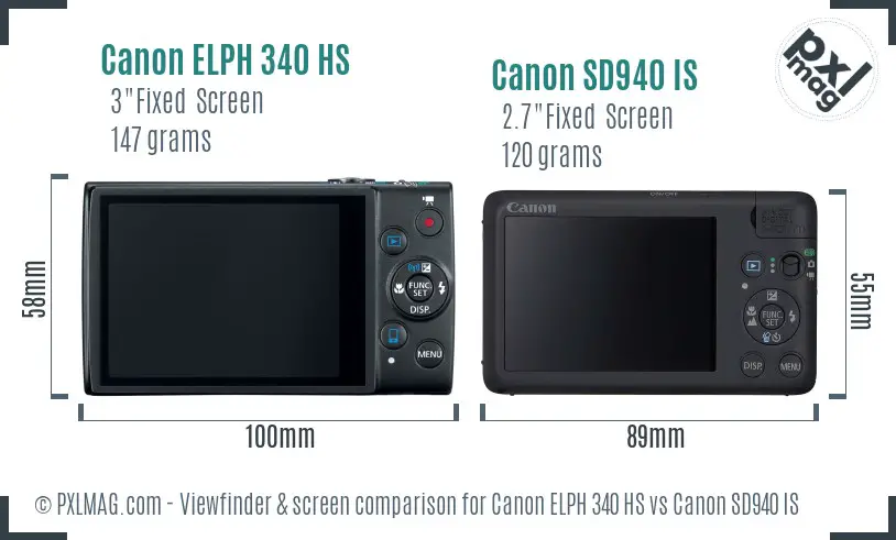 Canon ELPH 340 HS vs Canon SD940 IS Screen and Viewfinder comparison