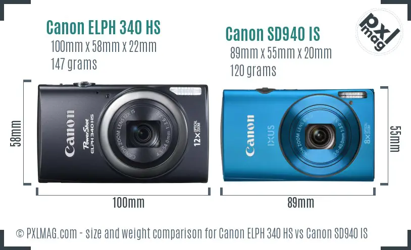 Canon ELPH 340 HS vs Canon SD940 IS size comparison