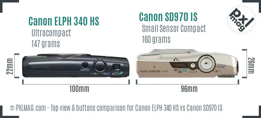 Canon ELPH 340 HS vs Canon SD970 IS top view buttons comparison Canon ELPH 340 HS vs Canon SD970 IS top view buttons comparison