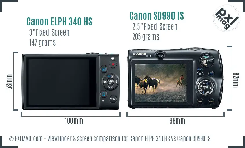 Canon ELPH 340 HS vs Canon SD990 IS Screen and Viewfinder comparison