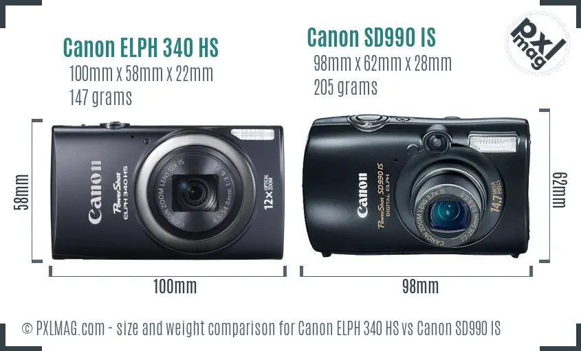 Canon ELPH 340 HS vs Canon SD990 IS size comparison