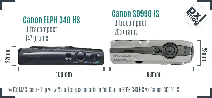 Canon ELPH 340 HS vs Canon SD990 IS top view buttons comparison
