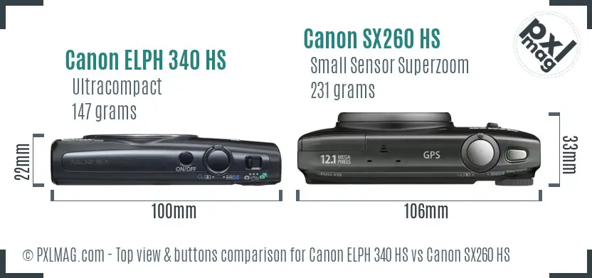 Canon ELPH 340 HS vs Canon SX260 HS top view buttons comparison Canon ELPH 340 HS vs Canon SX260 HS top view buttons comparison