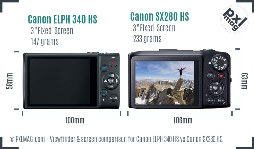 Canon ELPH 340 HS vs Canon SX280 HS Screen and Viewfinder comparison
