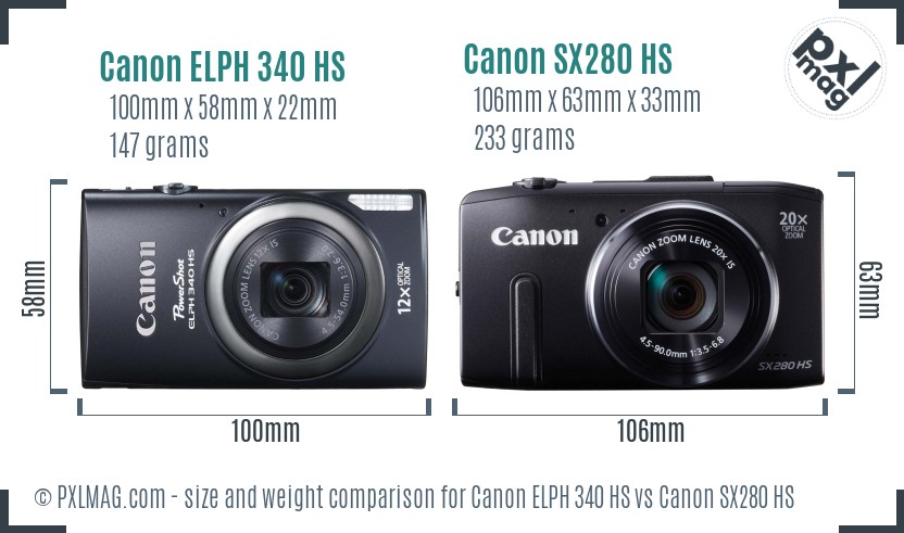 Canon ELPH 340 HS vs Canon SX280 HS size comparison
