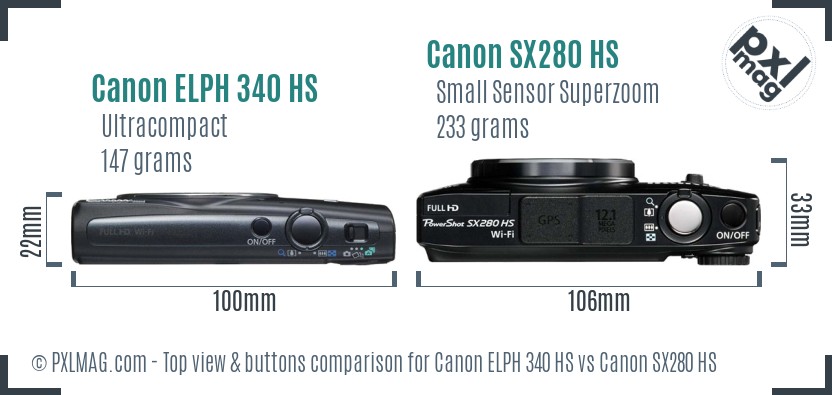 Canon ELPH 340 HS vs Canon SX280 HS top view buttons comparison