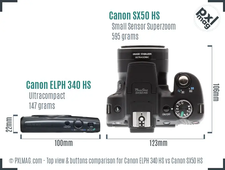 Canon ELPH 340 HS vs Canon SX50 HS top view buttons comparison