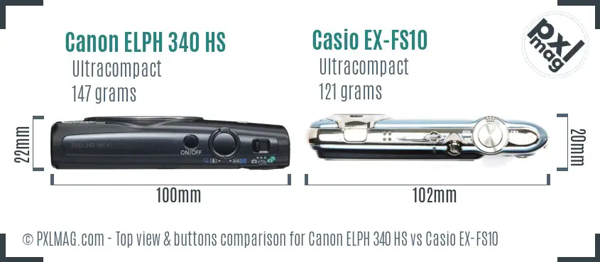 Canon ELPH 340 HS vs Casio EX-FS10 top view buttons comparison