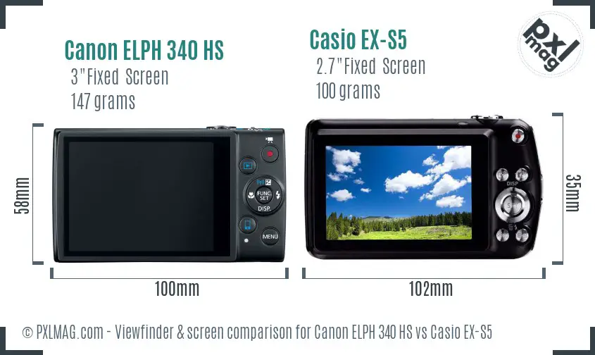 Canon ELPH 340 HS vs Casio EX-S5 Screen and Viewfinder comparison