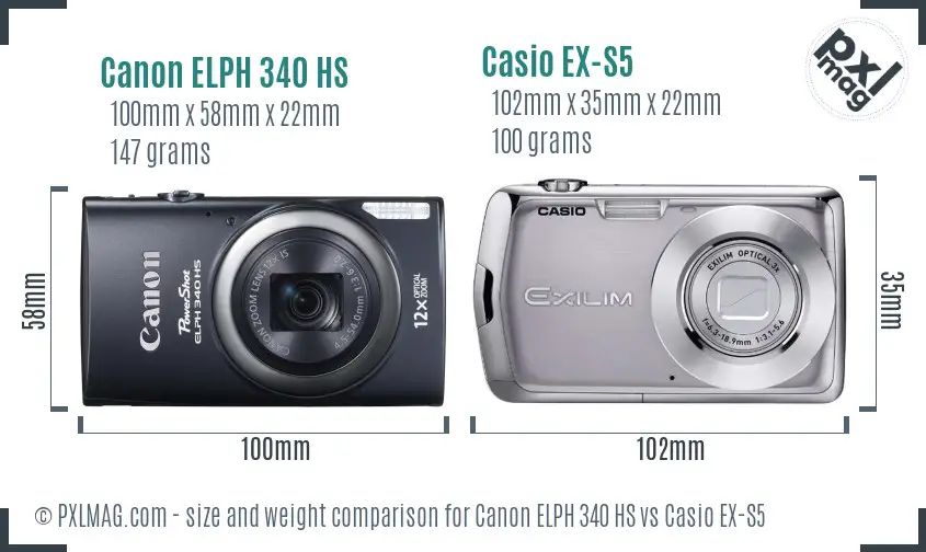 Canon ELPH 340 HS vs Casio EX-S5 size comparison