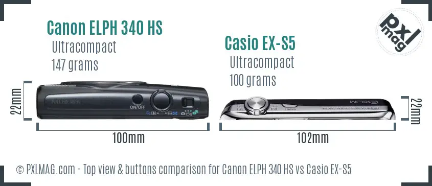 Canon ELPH 340 HS vs Casio EX-S5 top view buttons comparison