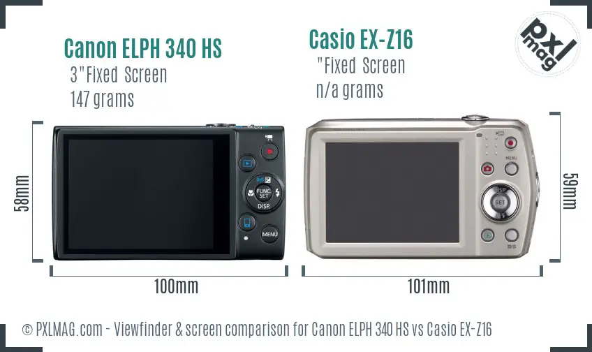 Canon ELPH 340 HS vs Casio EX-Z16 Screen and Viewfinder comparison