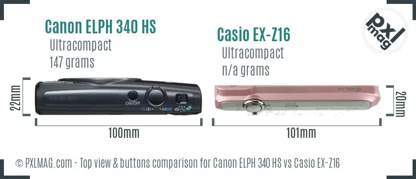 Canon ELPH 340 HS vs Casio EX-Z16 top view buttons comparison