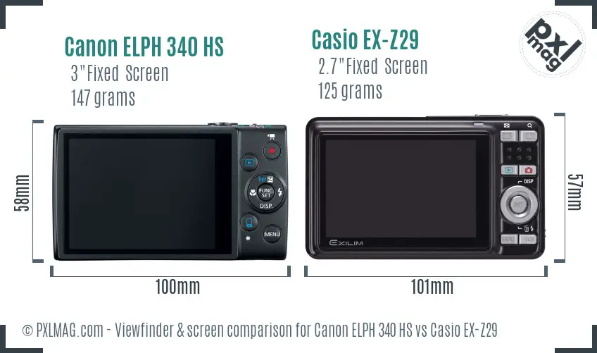 Canon ELPH 340 HS vs Casio EX-Z29 Screen and Viewfinder comparison