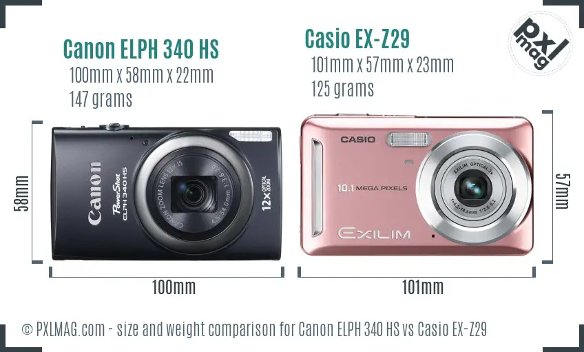 Canon ELPH 340 HS vs Casio EX-Z29 size comparison