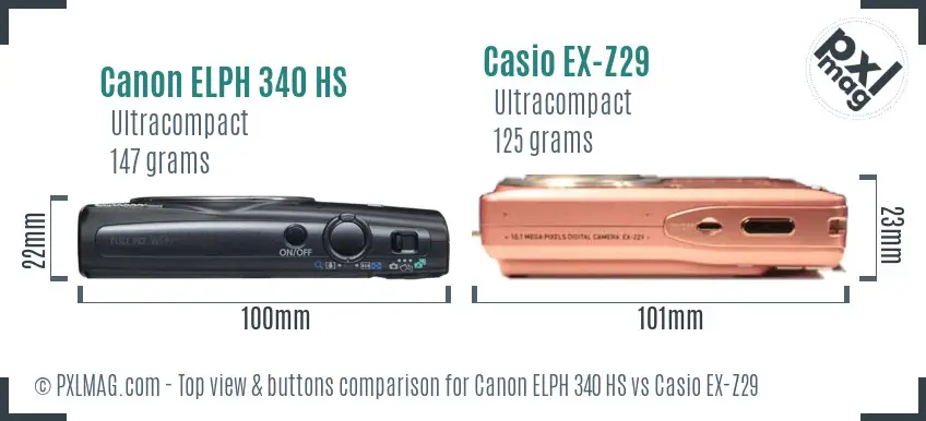 Canon ELPH 340 HS vs Casio EX-Z29 top view buttons comparison