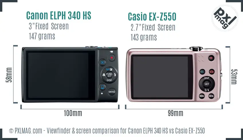 Canon ELPH 340 HS vs Casio EX-Z550 Screen and Viewfinder comparison
