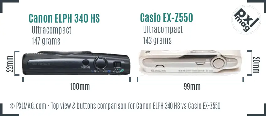 Canon ELPH 340 HS vs Casio EX-Z550 top view buttons comparison