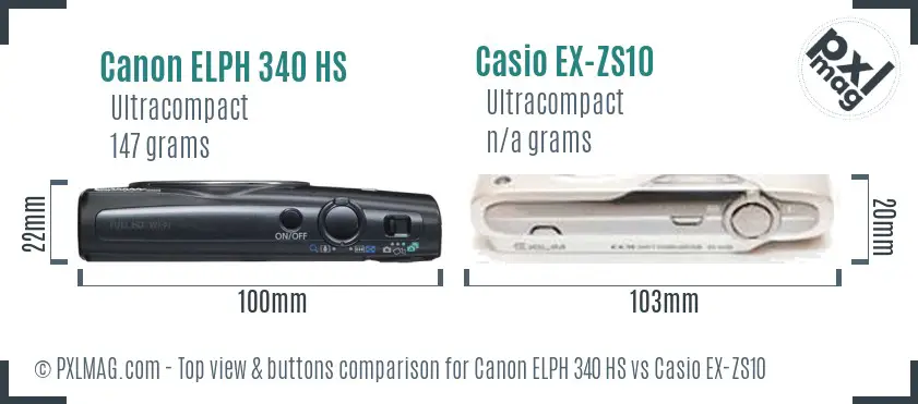 Canon ELPH 340 HS vs Casio EX-ZS10 top view buttons comparison Canon ELPH 340 HS vs Casio EX-ZS10 top view buttons comparison