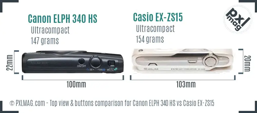 Canon ELPH 340 HS vs Casio EX-ZS15 top view buttons comparison