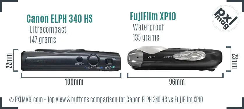 Canon ELPH 340 HS vs FujiFilm XP10 top view buttons comparison
