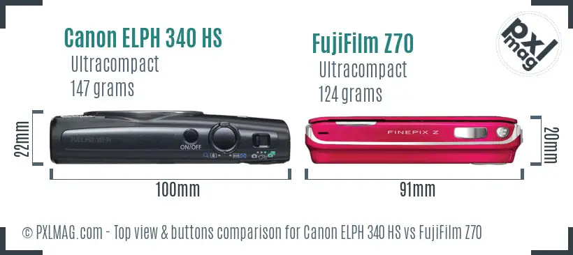 Canon ELPH 340 HS vs FujiFilm Z70 top view buttons comparison