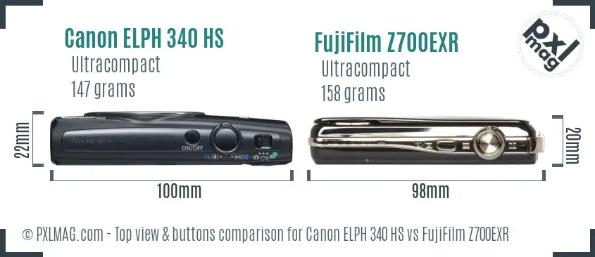 Canon ELPH 340 HS vs FujiFilm Z700EXR top view buttons comparison