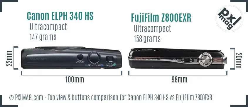 Canon ELPH 340 HS vs FujiFilm Z800EXR top view buttons comparison