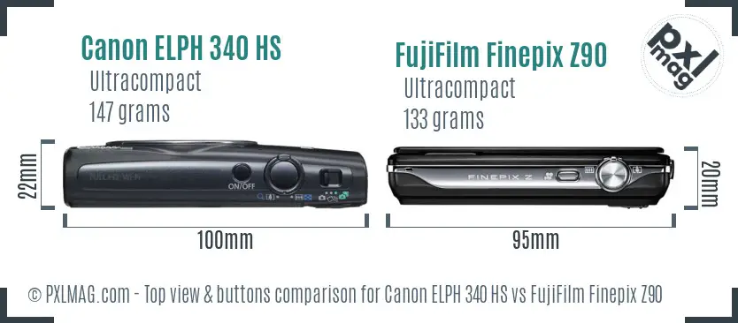 Canon ELPH 340 HS vs FujiFilm Finepix Z90 top view buttons comparison