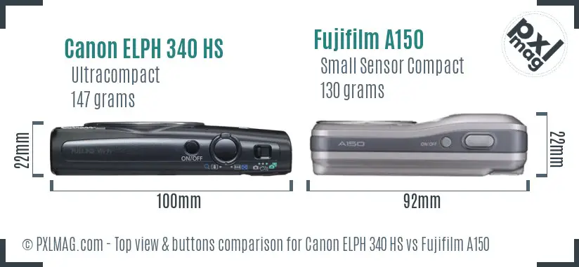 Canon ELPH 340 HS vs Fujifilm A150 top view buttons comparison