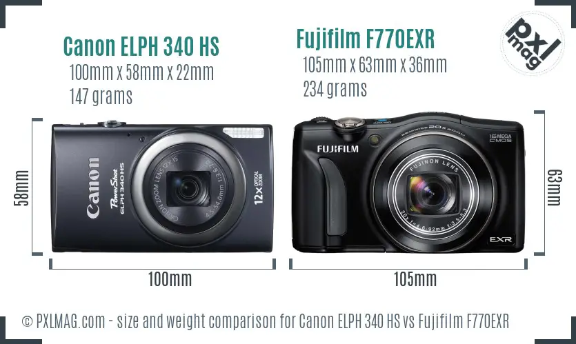 Canon ELPH 340 HS vs Fujifilm F770EXR size comparison