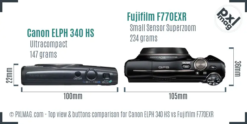 Canon ELPH 340 HS vs Fujifilm F770EXR top view buttons comparison